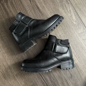 LL Bean Women's Black Leather Combat Boots, Zip Chunky Heel Biker Strap